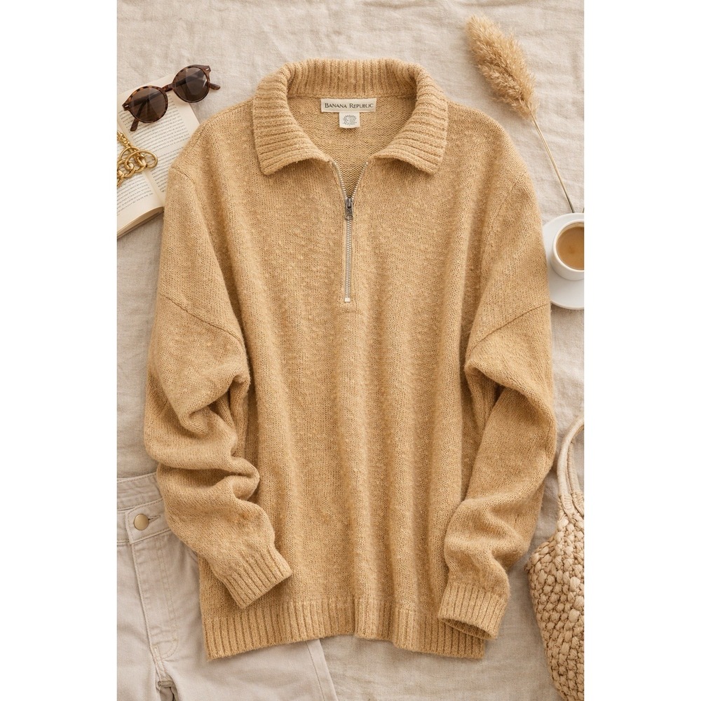 Banana Republic Linen Cotton Half‎ Zip Sweater Tan Collared Pullover Men's L